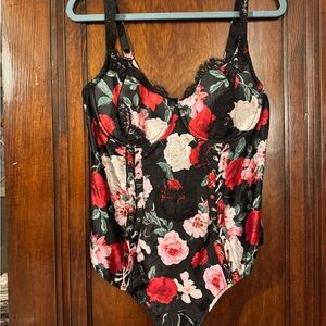 Victoria's Secret Black and Red Floral Lace Bodysuit